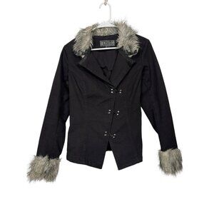 Tripp NYC Jacket Womens L Black Faux Fur Trim Goth Y2K Hook Closure Punk